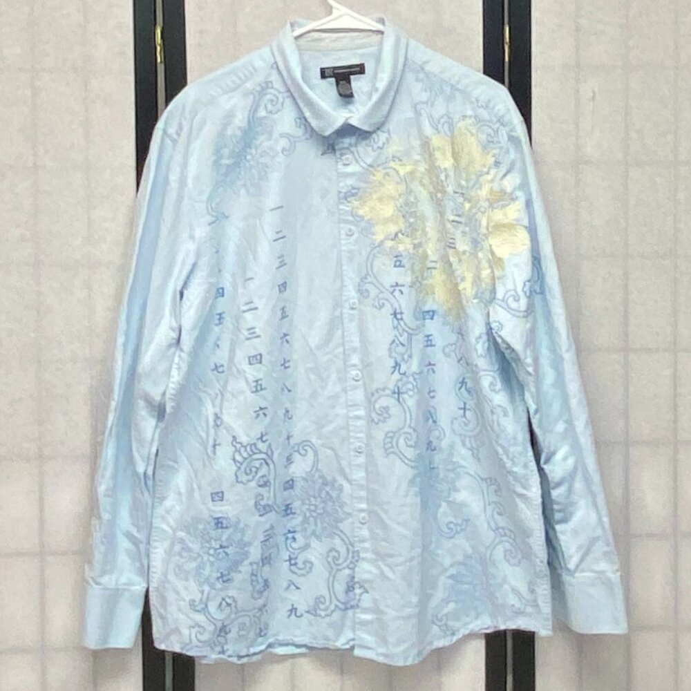 INC Chambray Linen Blend XXL Embroidered Button Up Print Shirt Blue Long Sleeve